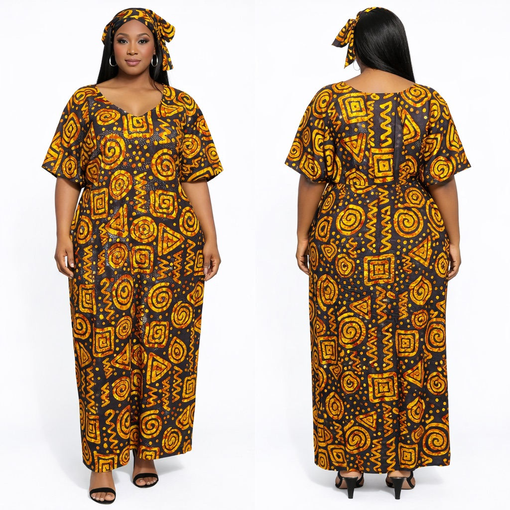 Premium Short Sleeve Ankara Print Maxi Dress with Headscarf