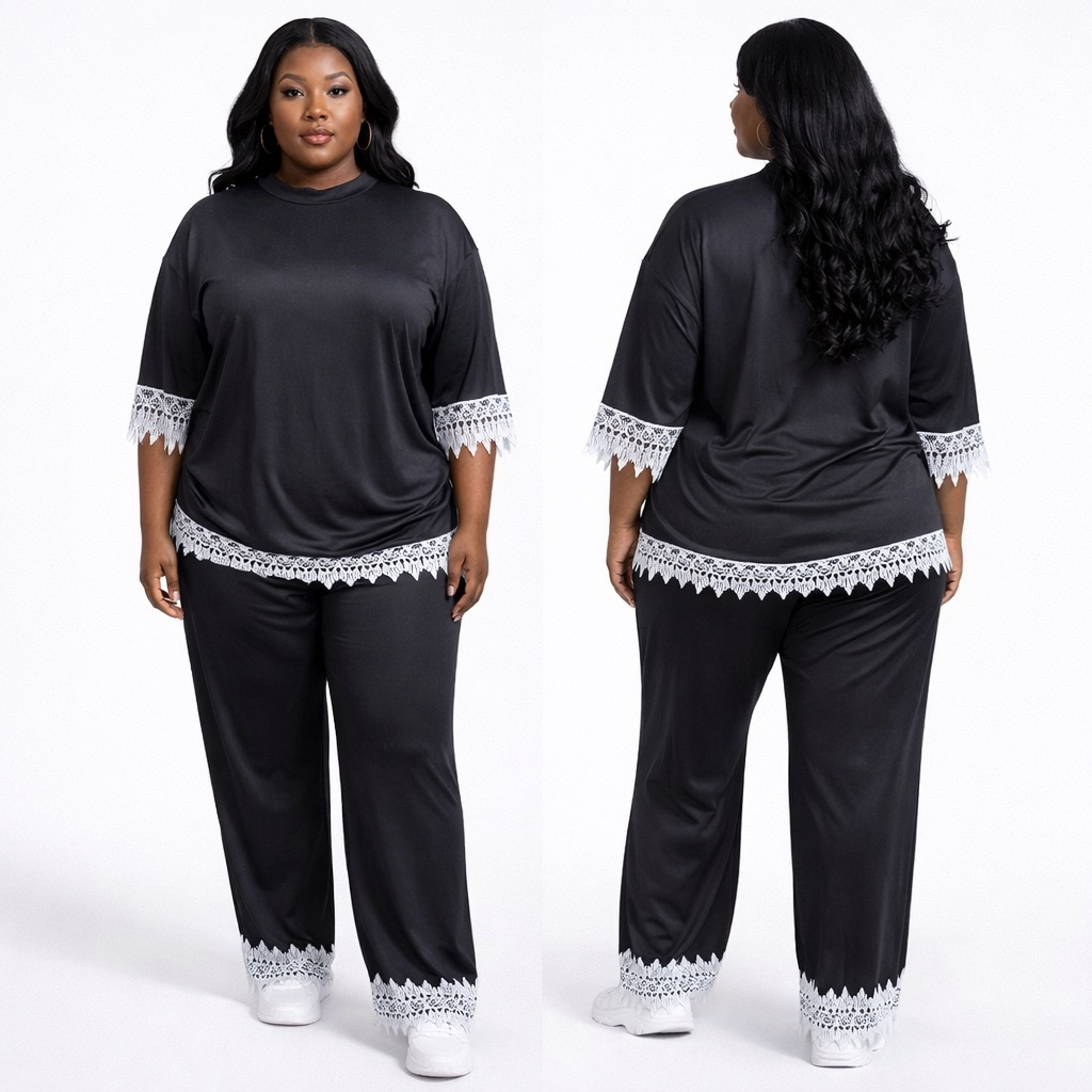 Premium Black Lace Trim Lounge Set