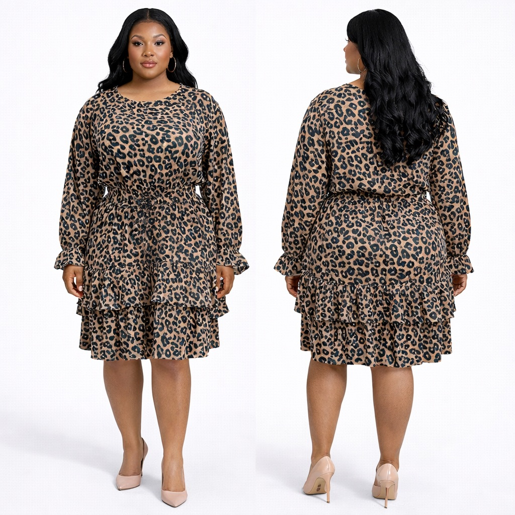 Premium Leopard Print  Long Sleeve Belted Ruffle Dress