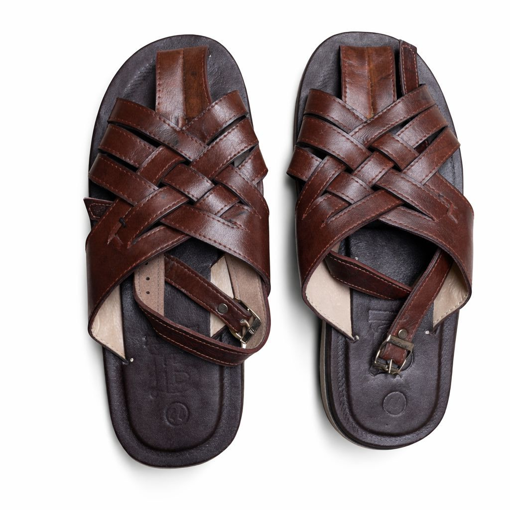 Mens Woven Leather Strap Sandals with Adjustable Back Strap