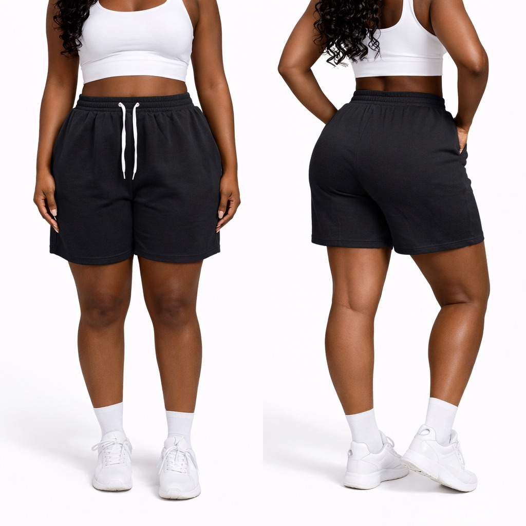 Womens Black Drawstring Casual Shorts with Graphic Detail