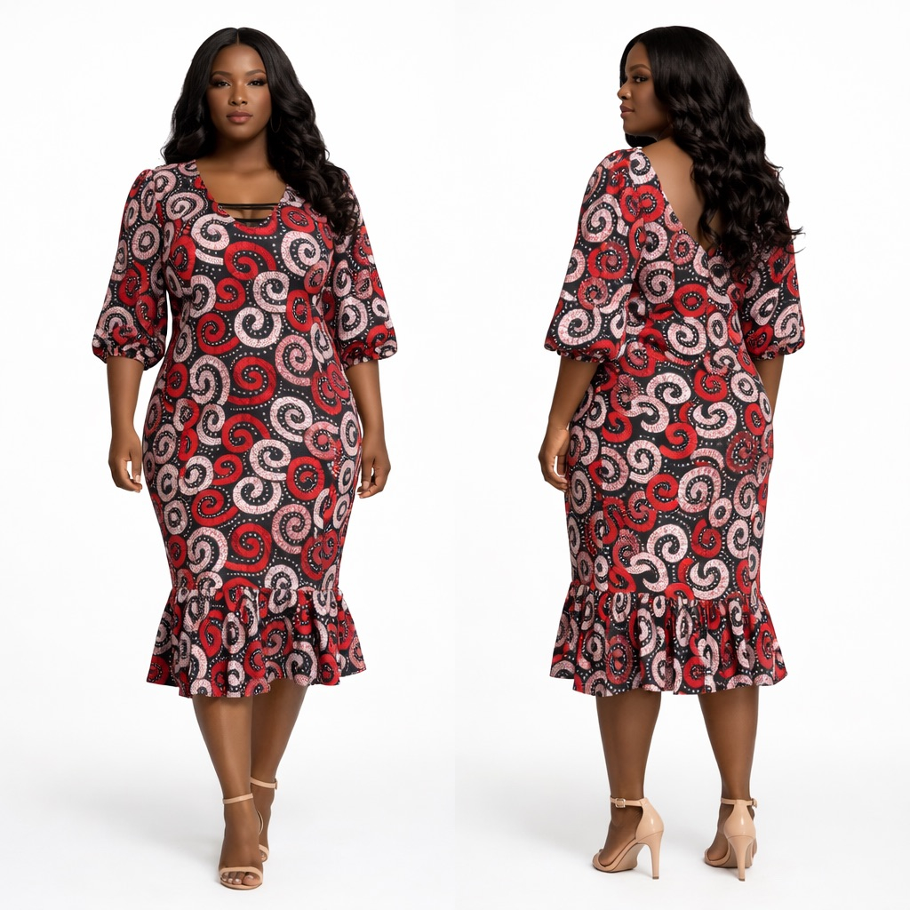 Premium Red Swirl Print Bodycon Midi Dress with Flared Hem