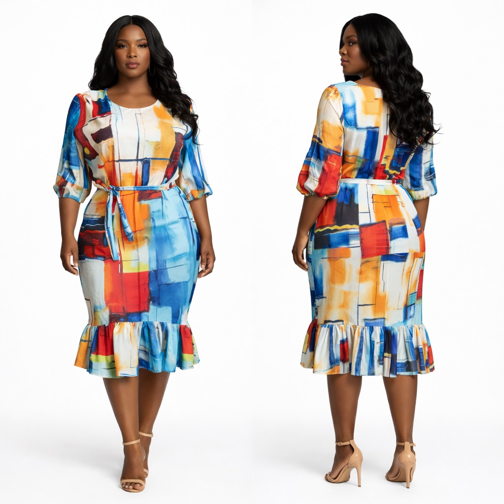 Premium Multicolor Abstract Print Bodycon Midi Dress with  Belt and Flared Hem