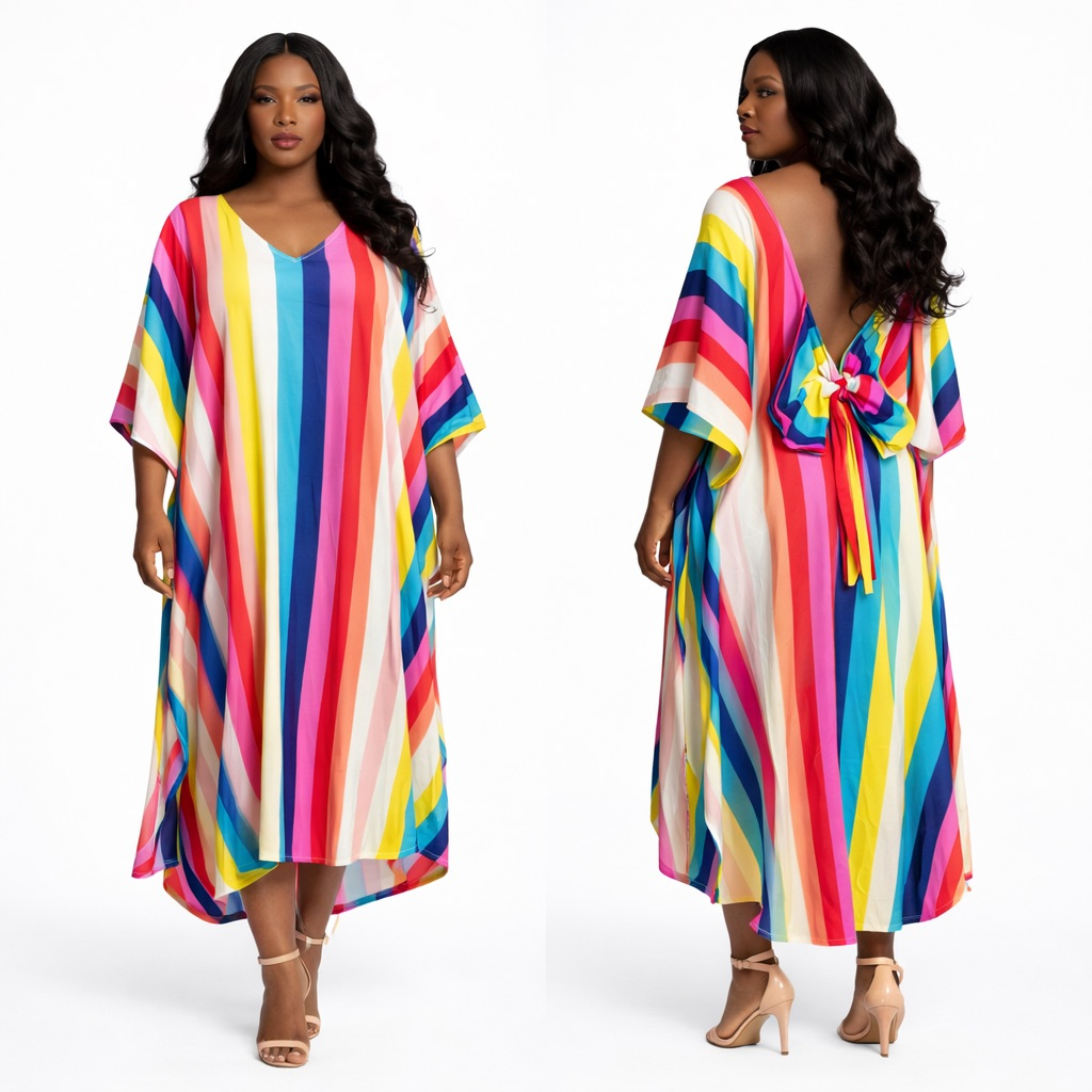 Premium Rainbow Stripe Loose Fit Kaftan Midi Dress with  Open Back Bow Detail