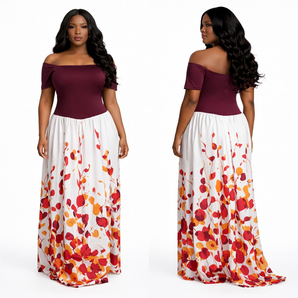 Premium Off Shoulder Two Tone Maxi Dress with  Floral Print Skirt