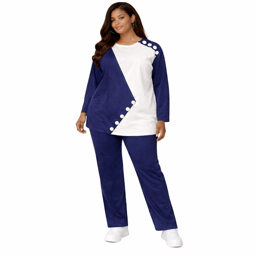 Navy and White Button Detail  Long Sleeve Top and Slim Pants set