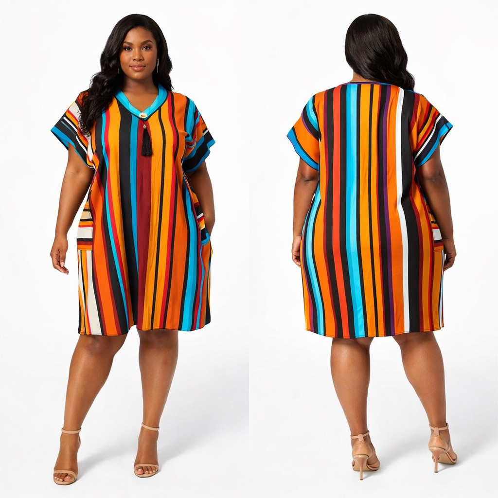 Premium Multicolor Vertical Stripe Loose Fit Midi Kaftan Dress with  Tassel Detail