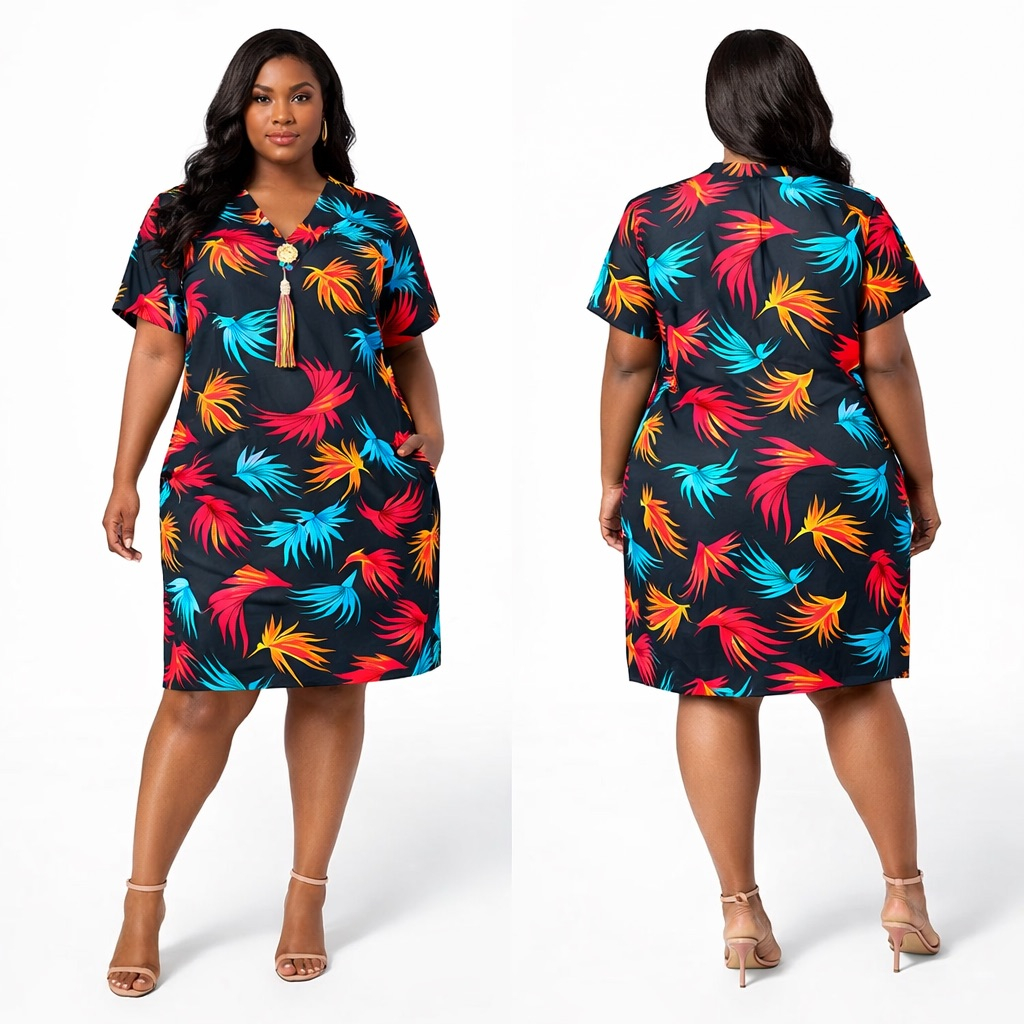 Premium Tropical Leaf Print Loose Fit Midi Kaftan Dress with  Tassel Detail