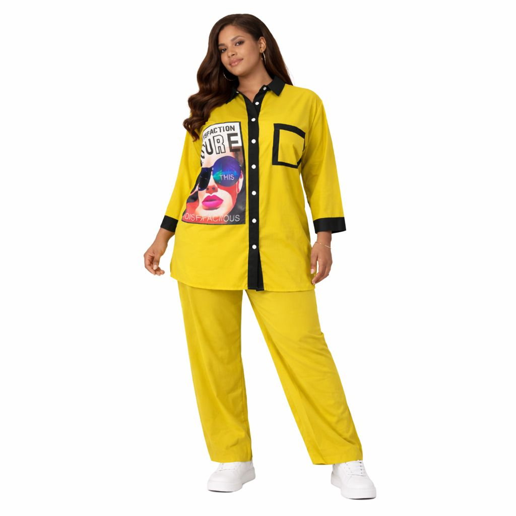 Lime Green and Black Button Front Co Ord Set Graphic Detail Two Piece Outfit