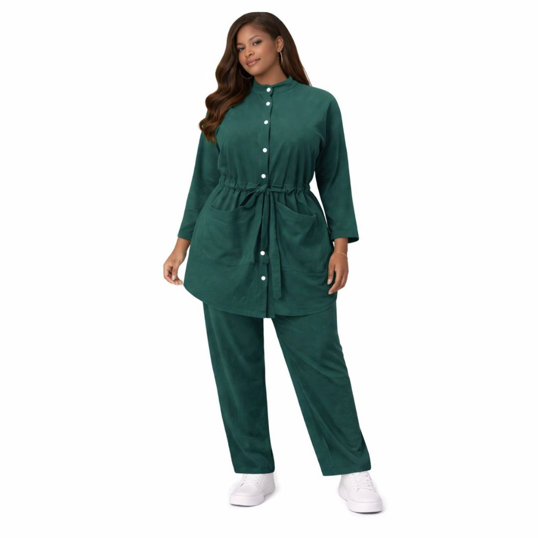 Emerald Green Co Ord Set Button Front Belted Two Piece Outfit