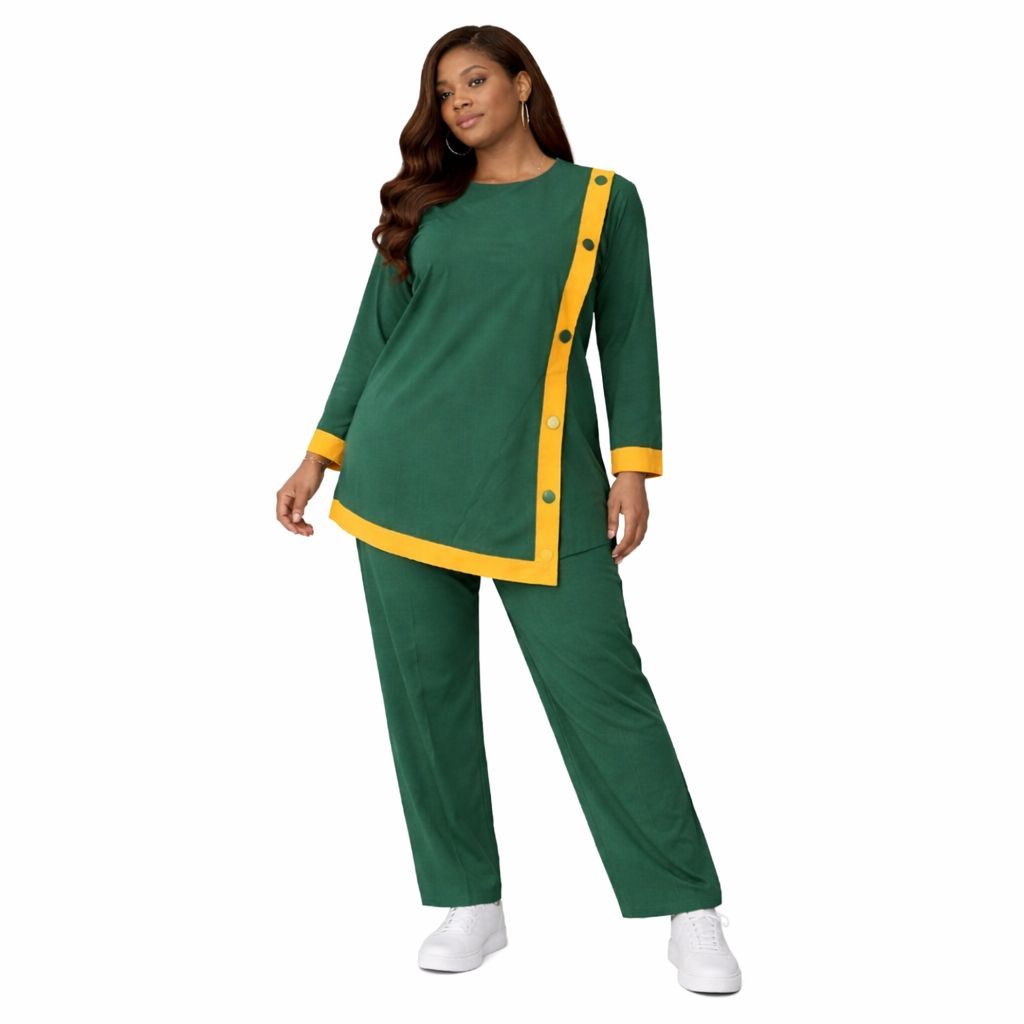 Green and Mustard Button Detail Co Ord Set Casual Two Piece Outfit