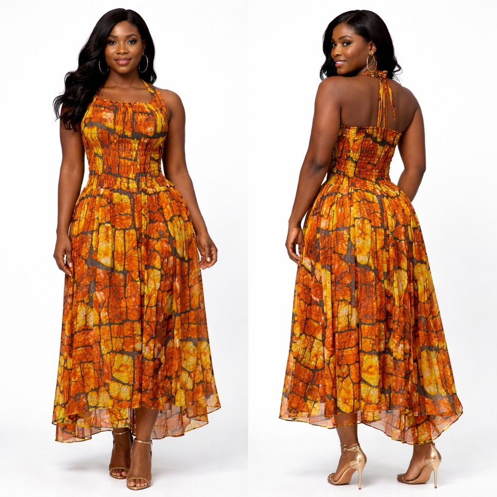 Elegant Orange  Mosaic Print Halter Neck Flared Midi Dress with  Smocked Waist
