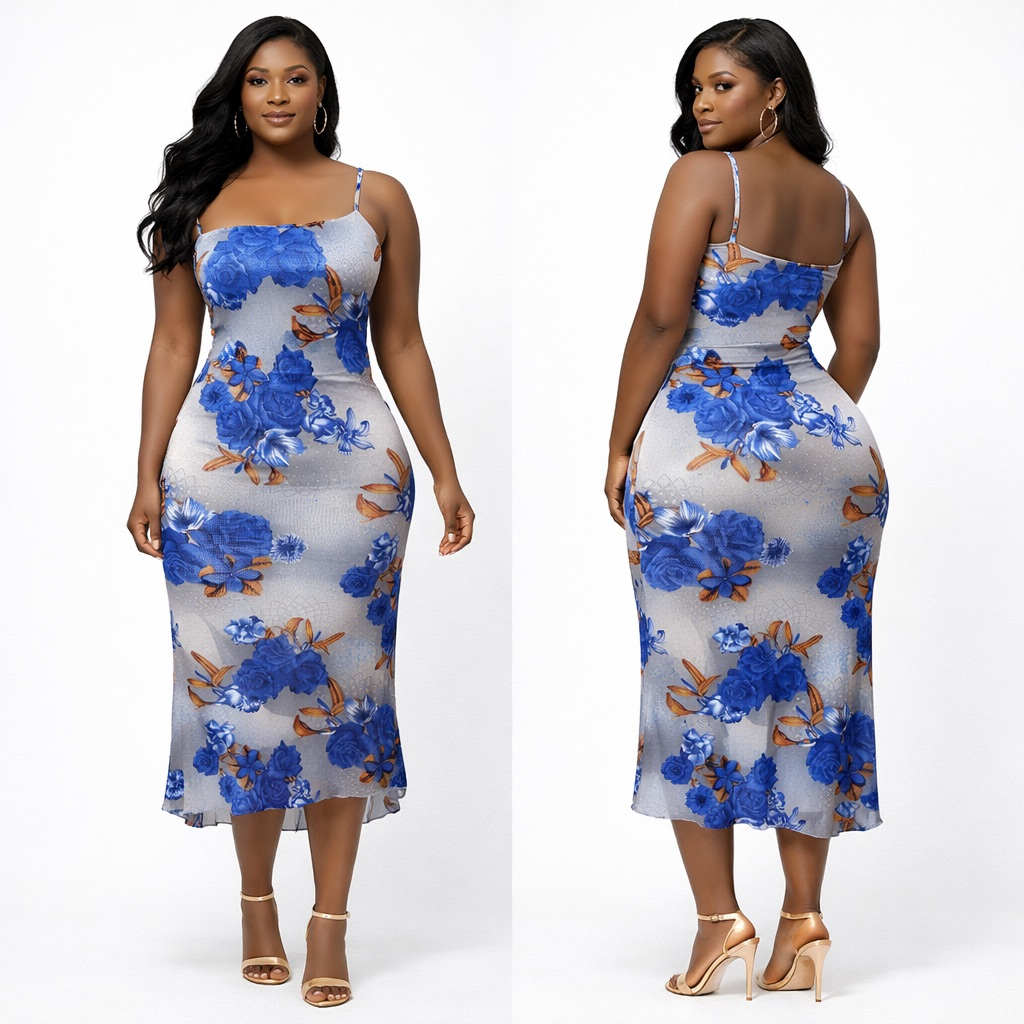 Elegant Grey and Blue Floral Bodycon Midi Dress with  Spaghetti Straps