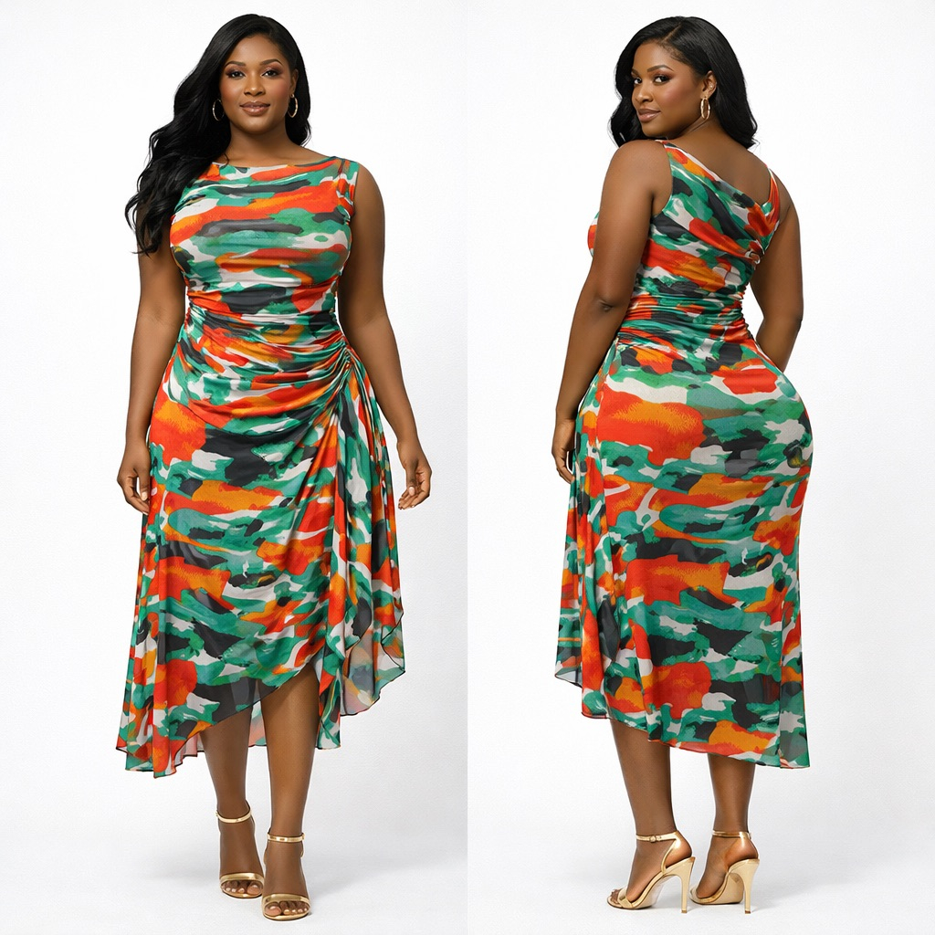 Elegant Multicolor  Abstract Print Ruched Midi Dress with  Asymmetrical Hem