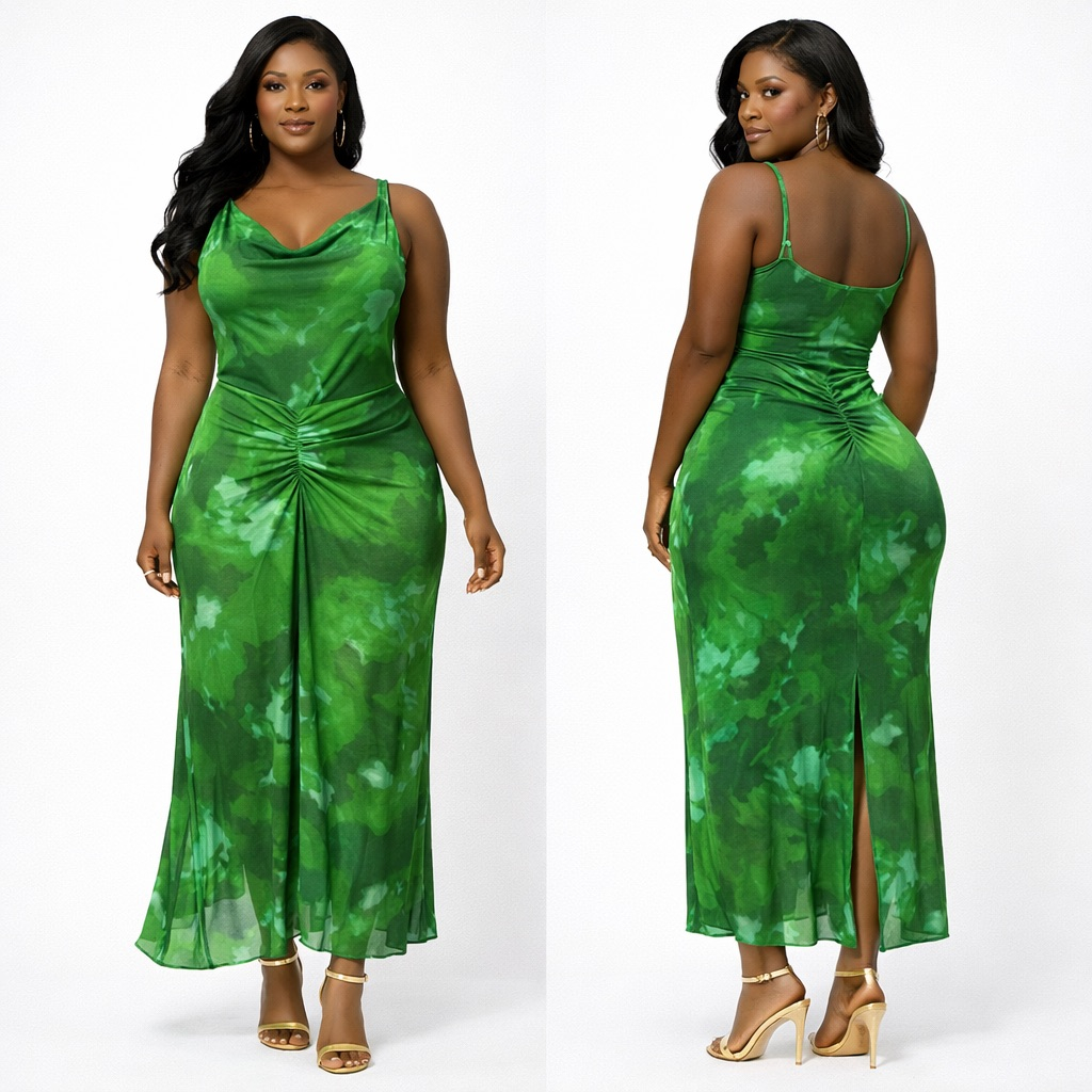 Elegant Green Ruched  Maxi Dress with Cowl Neck and  Spaghetti Straps