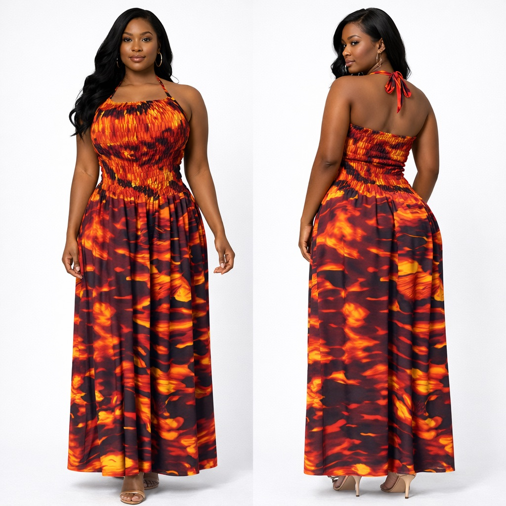 Vibrant Flame Print Halter Neck Maxi Dress with  Smocked Bodice