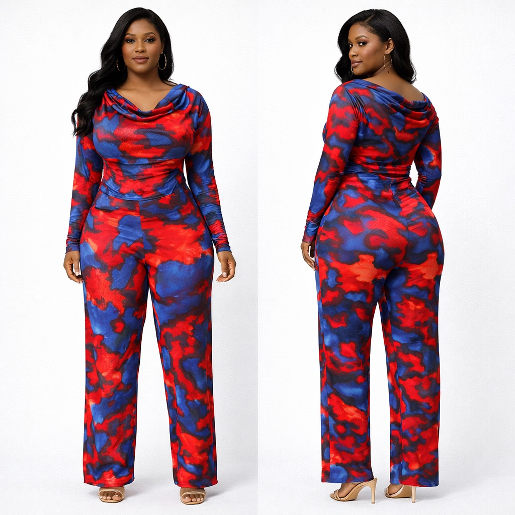 Chic Red and Blue Abstract Print Long Sleeve  Jumpsuit  with Cowl Neck