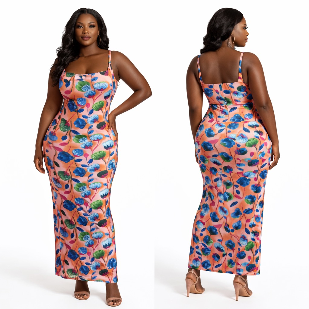 Elegant Peach Floral Bodycon Maxi Dress with  Spaghetti Straps
