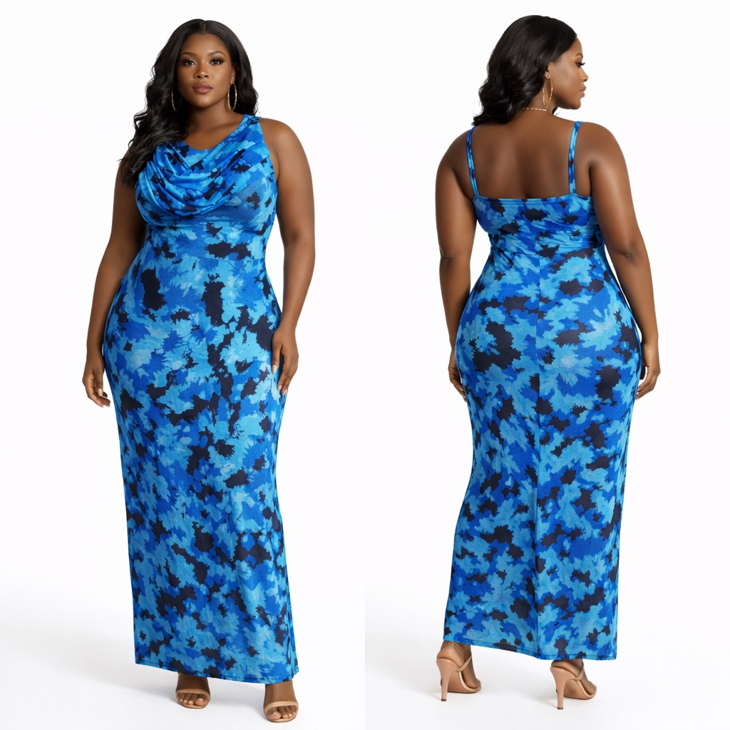 Elegant Blue Abstract Print Cowl Neck Maxi Dress with  Spaghetti Straps
