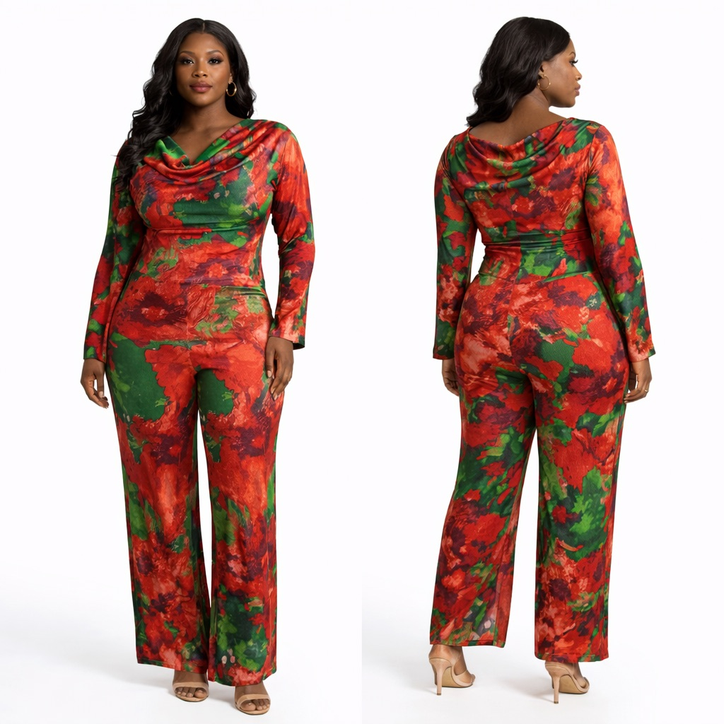 Bold Red and Green Abstract Print Long Sleeve Jumpsuit  with Cowl Neck