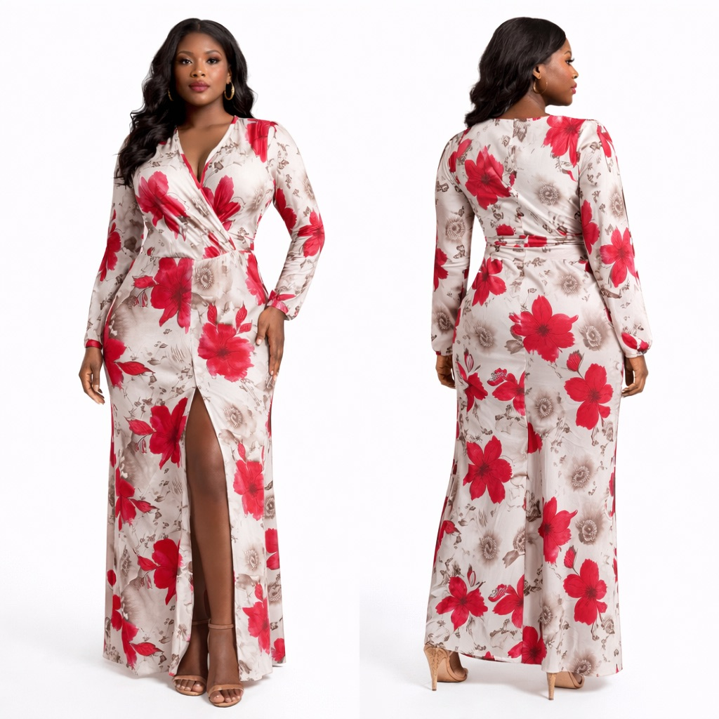 Elegant Cream and Red Floral Wrap Maxi Dress with  Long Sleeves and Front Slit