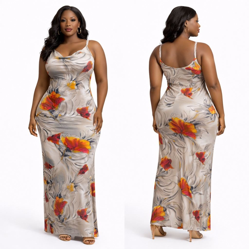 Elegant Grey Floral Bodycon Midi Dress with Cowl Neck and  Spaghetti Straps