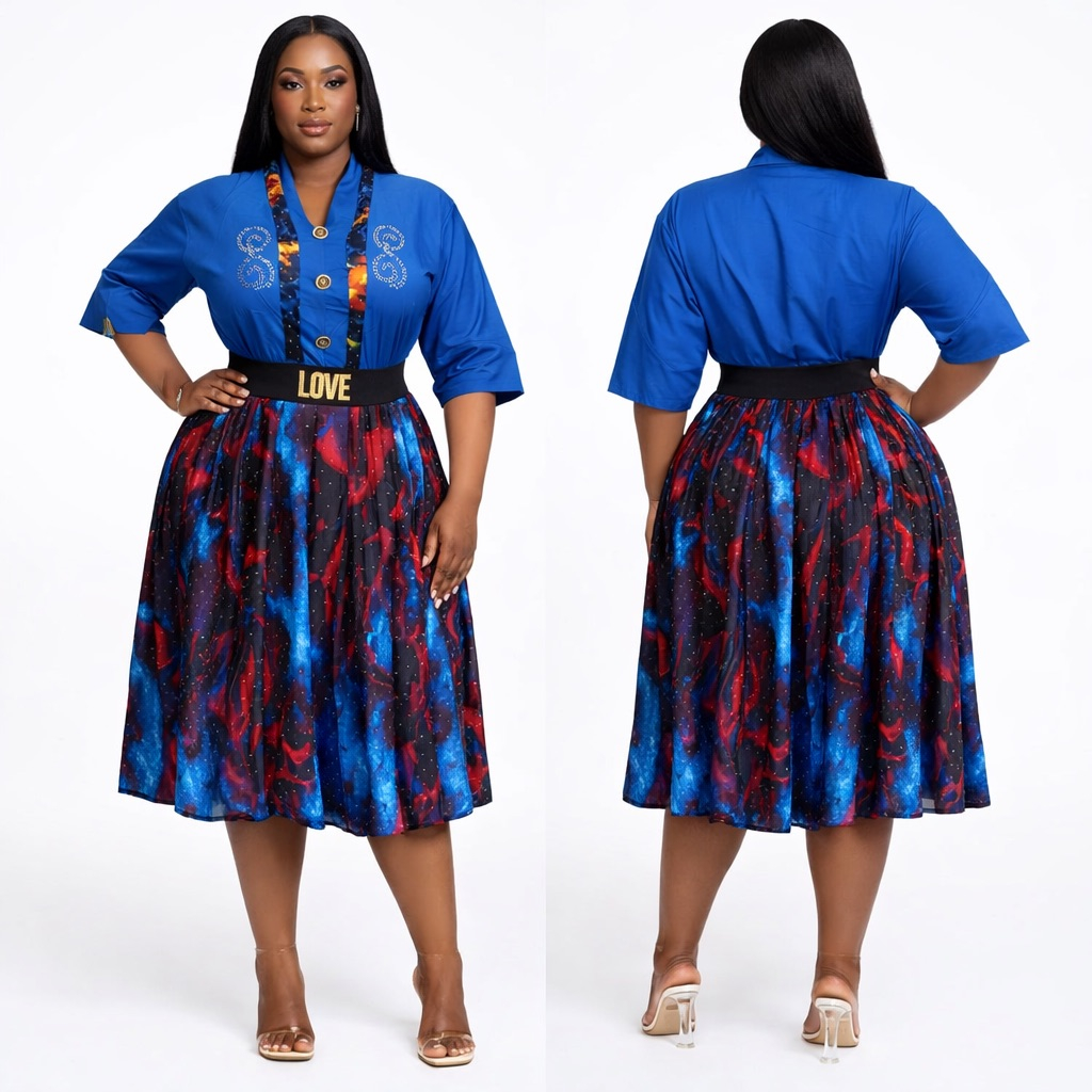 Royal Blue and Multicolor Abstract Midi Dress with  Button Detail and Statement Belt