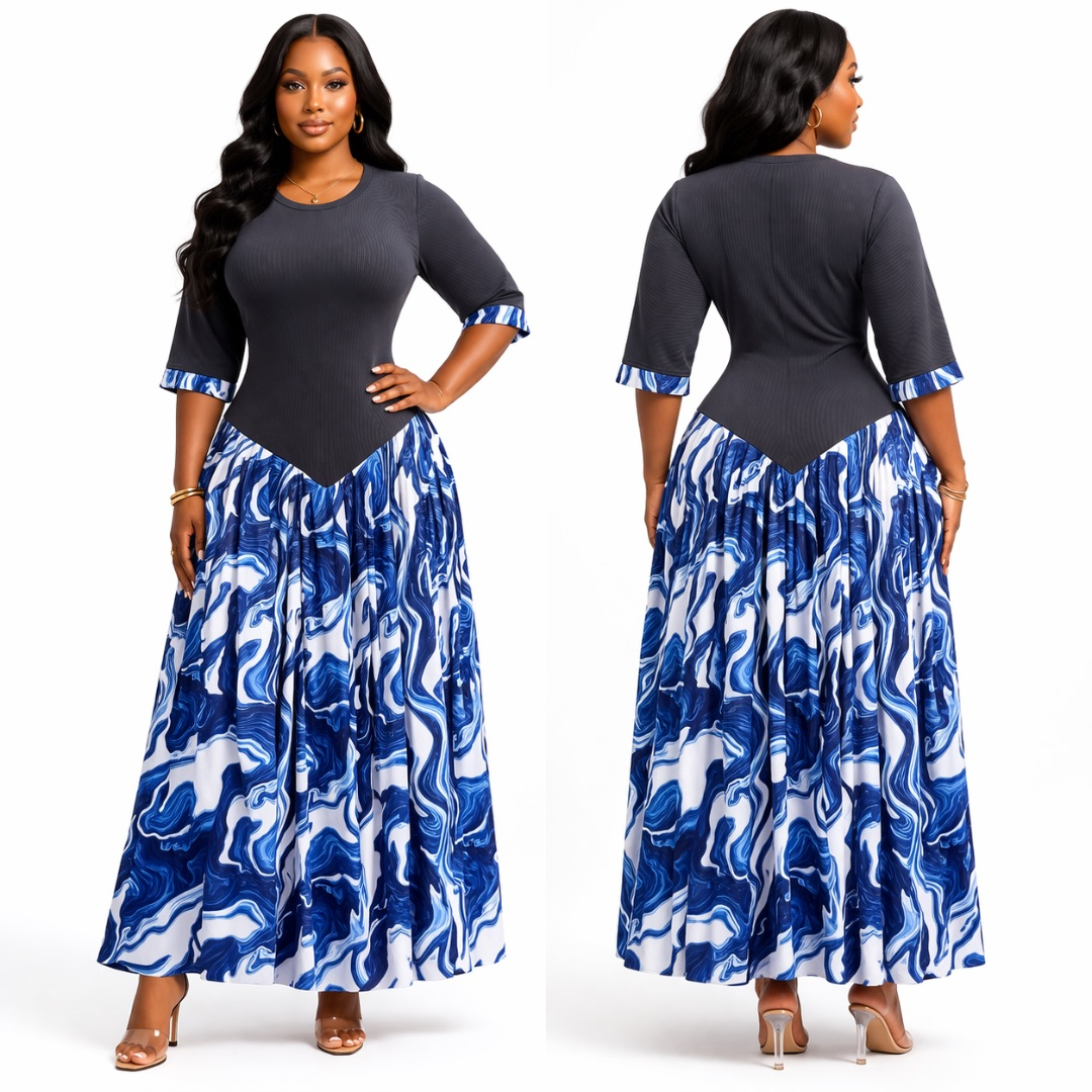 Elegant Black and Blue Marble Print Maxi Dress  with Structured Bodice