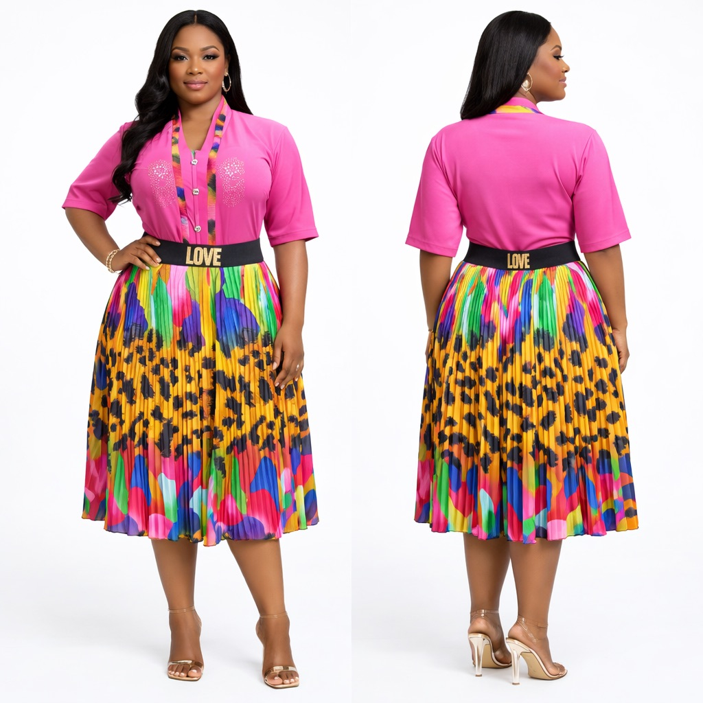 Vibrant Pink and Multicolor Pleated  Midi Dress