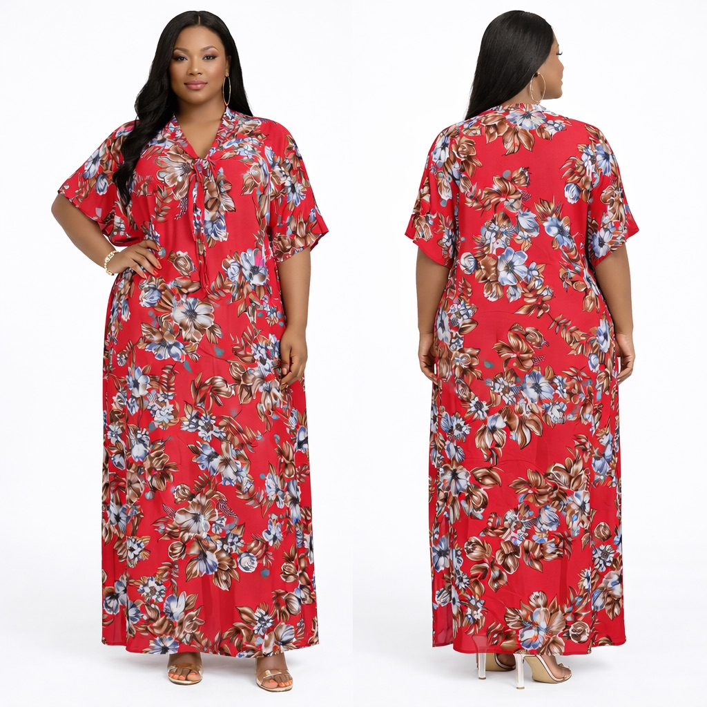 Red Floral Print Maxi Dress  with Tie Neck Detail