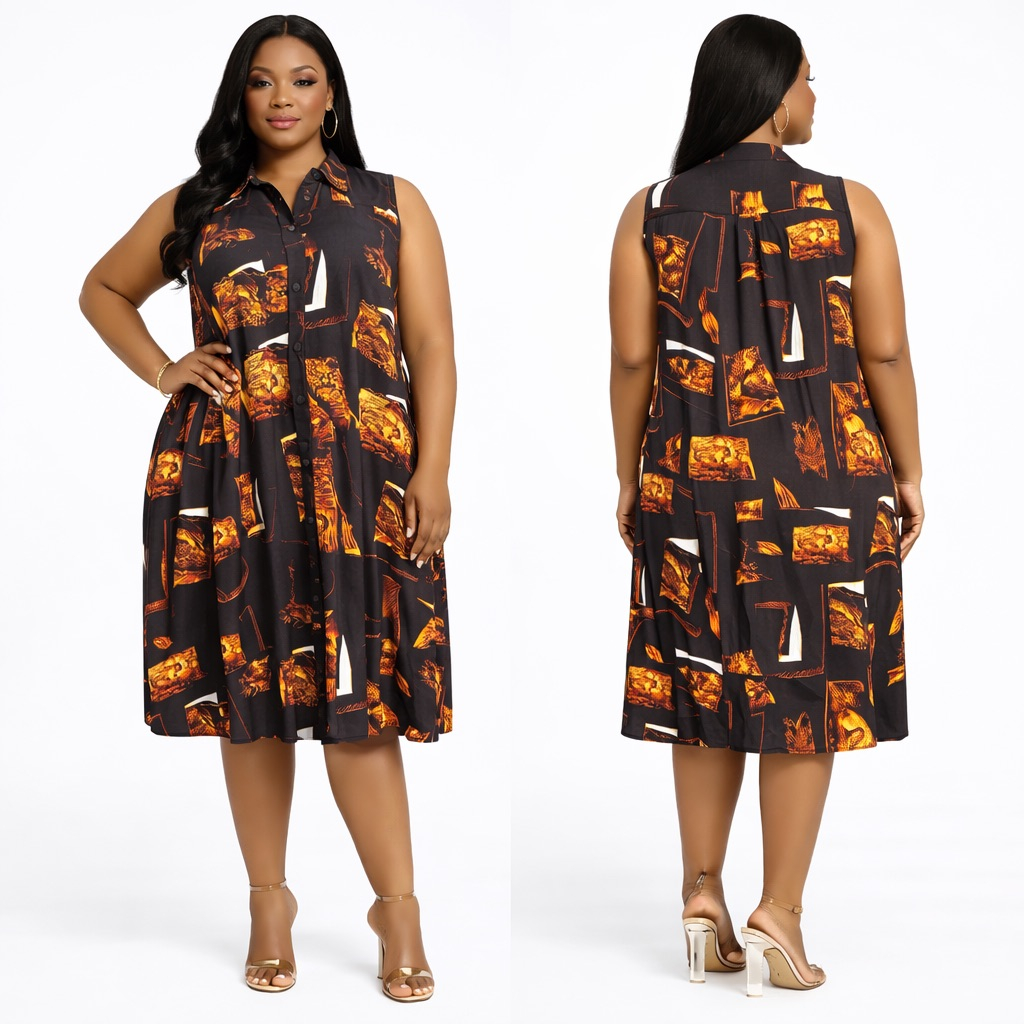 Black and Burnt Orange Abstract Print Sleeveless Midi Dress with  Button Front