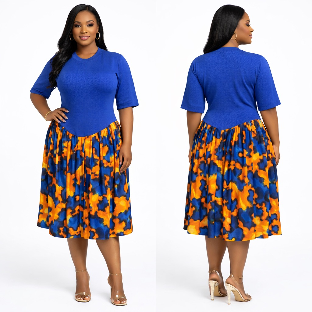 Royal Blue and Orange Abstract Print Midi Dress  with Flared Skirt