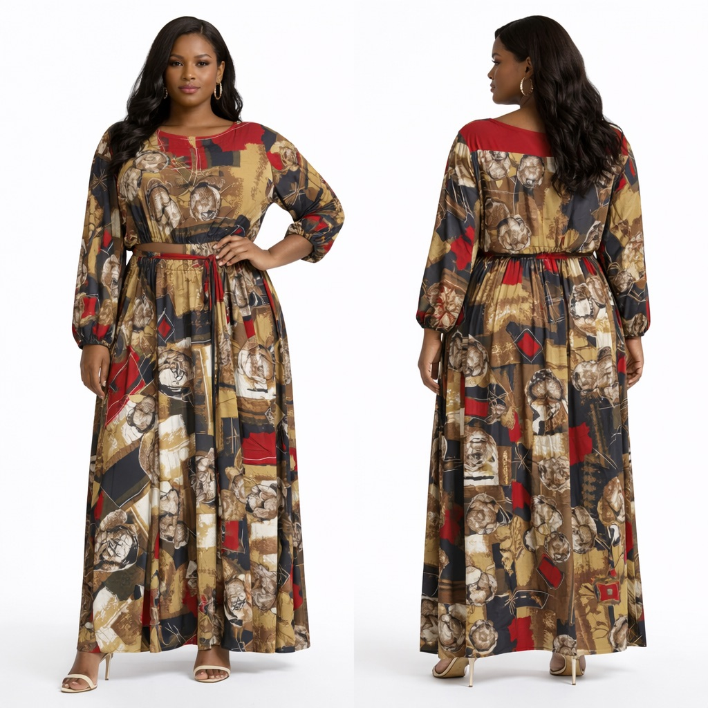 Elegant Abstract Print Two Piece Maxi Set for Women