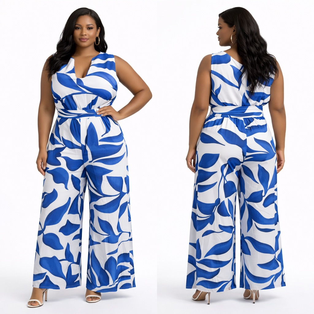Ocean Leaf Print Sleeveless  Wide Leg Belted Jumpsuit
