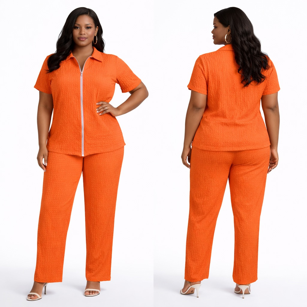 Vibrant Citrus Textured Zip Front Short  Sleeve Two Piece Pant Set