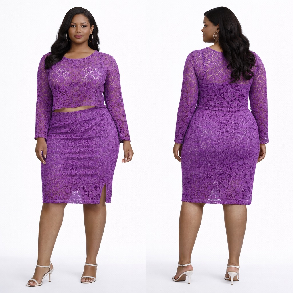 Royal Violet Lace Long Sleeve Crop Top And  Midi Skirt Two Piece Set