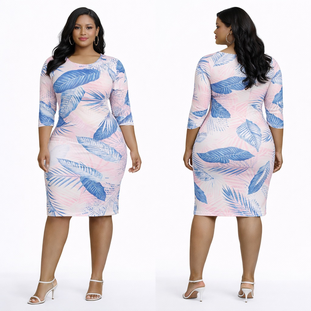 Soft Pastel Leaf Print Three Quarter Sleeve Bodycon    Knee Length Dress