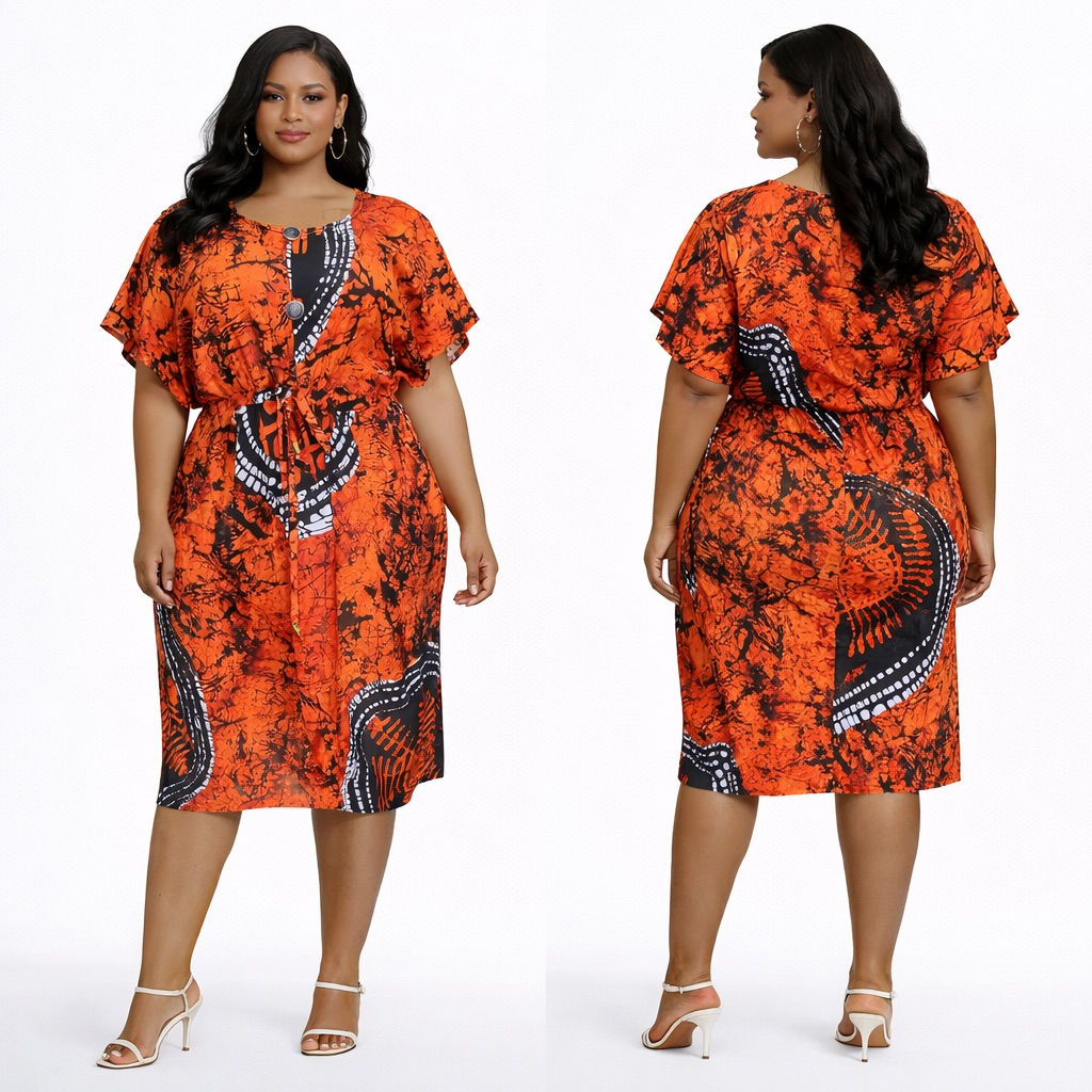 Bold Ember Abstract Print Short Sleeve  Tie Waist Knee Length Dress