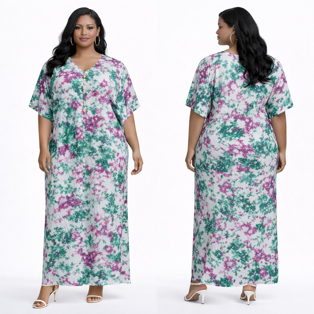Marbled Splash V Neck Embellished  Button Detail Midi Dress