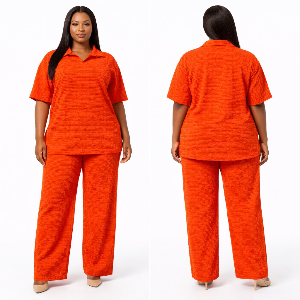 Textured Orange Polo Top & Wide Leg Pant Set