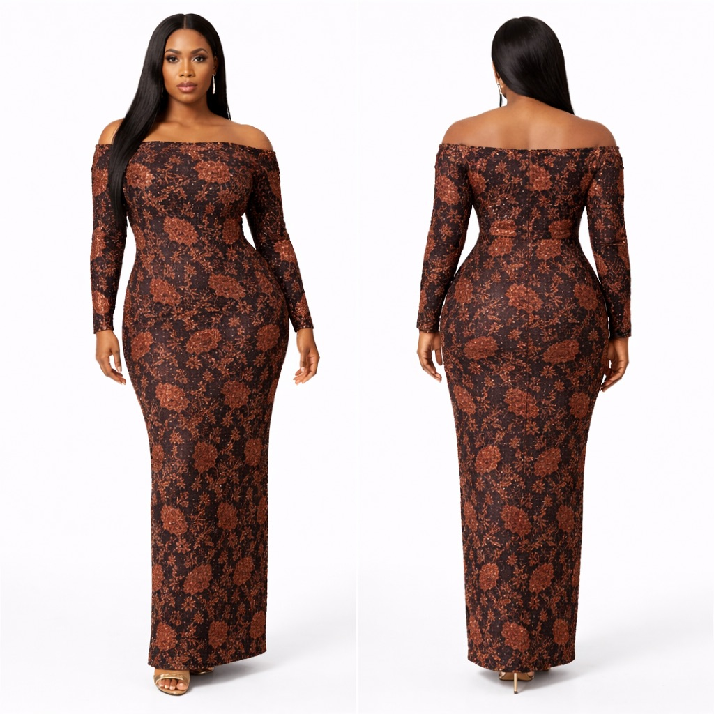 Black and Copper Glitter Off  Shoulder Bodycon Midi Dress