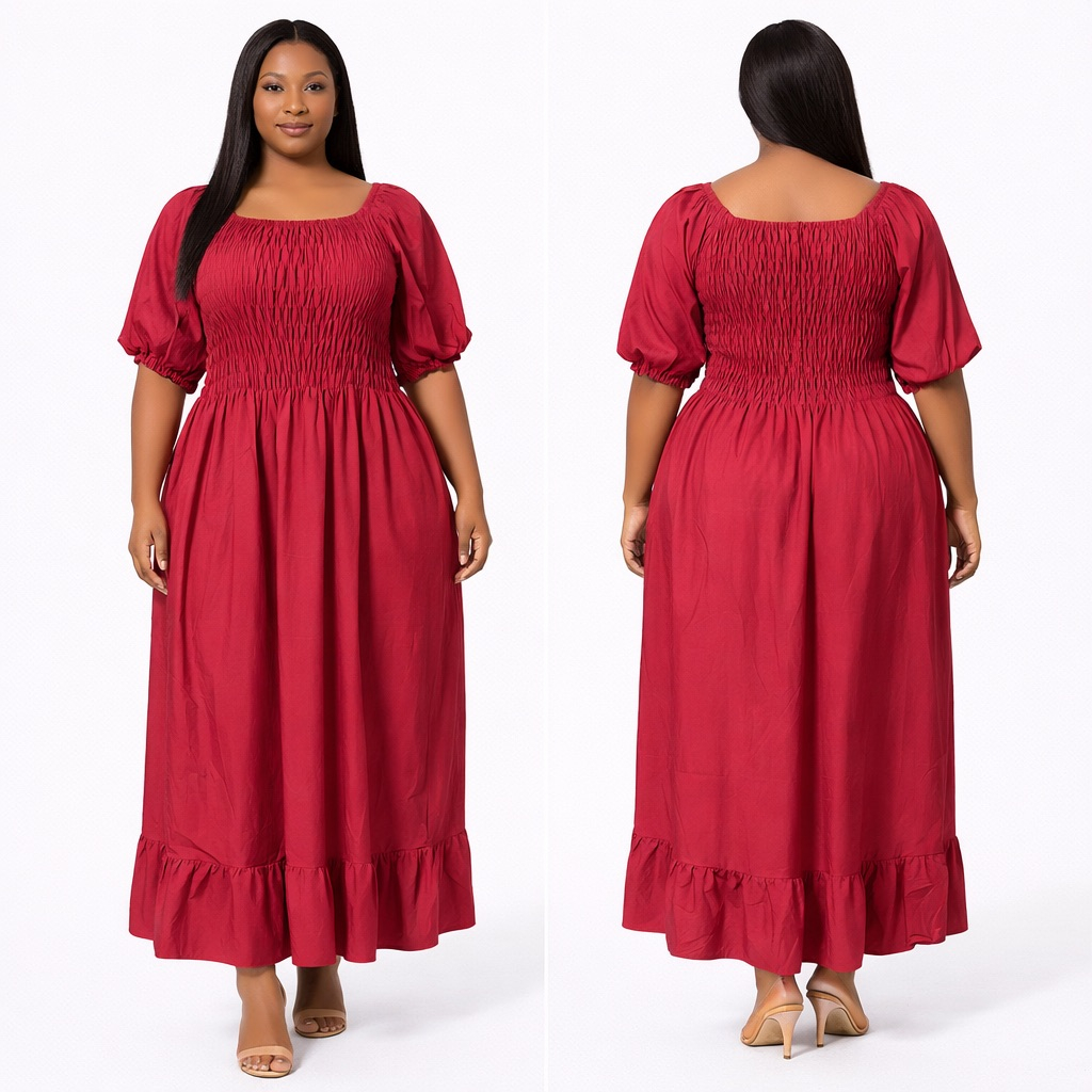 Berry Red Smocked Bodice  Puff Sleeve Maxi Dress