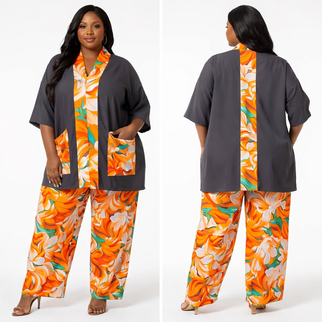 Abstract Print Inner  Dress and Solid Overlay Two Piece Set