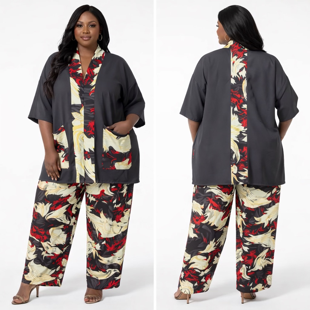 Floral Print Pant Set with  Contrast Open Front Overlay