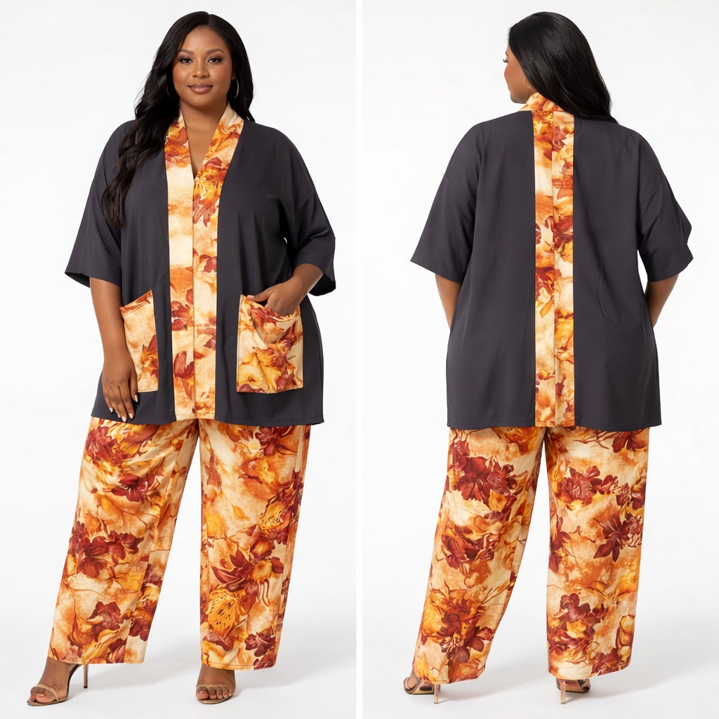 Earthy Floral Print Pant Set  with  Contrast Open Front Overlay