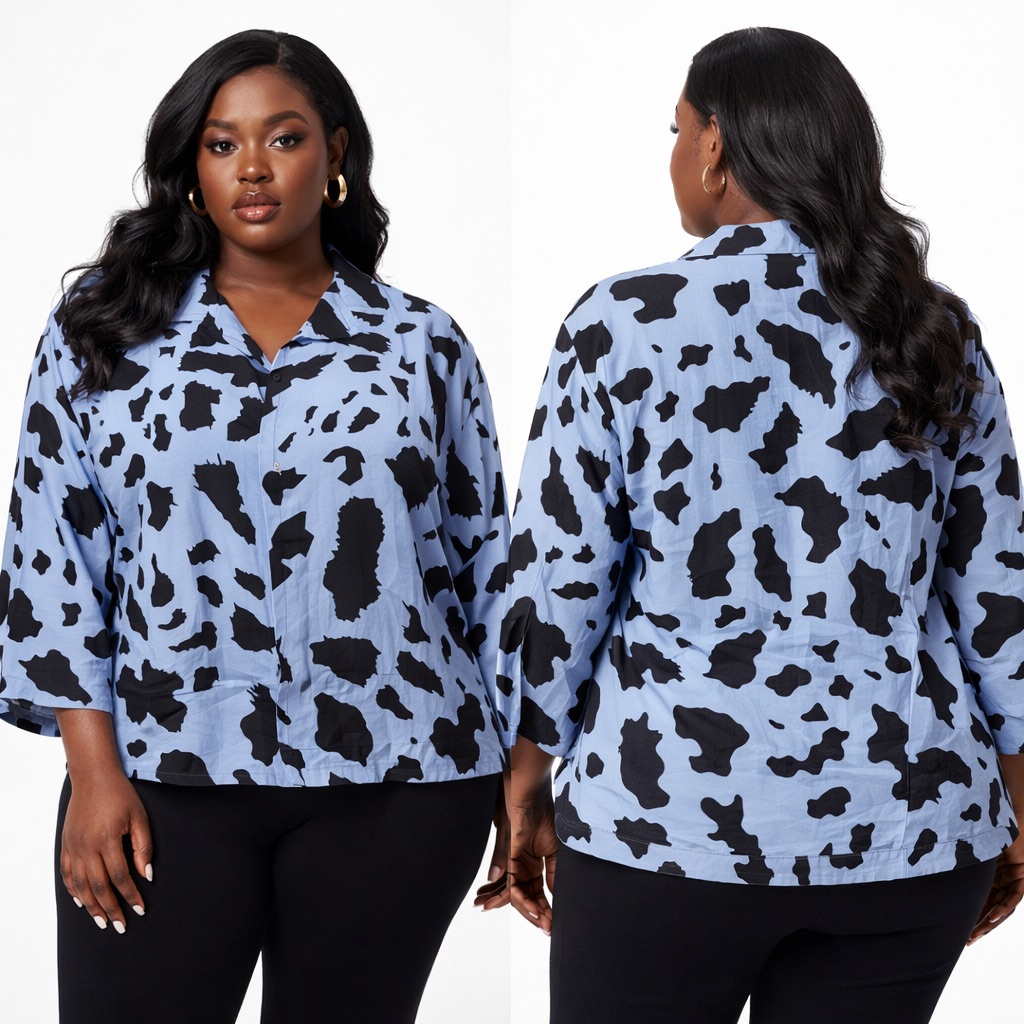 Blue Abstract Print  Cropped Button Up Shirt