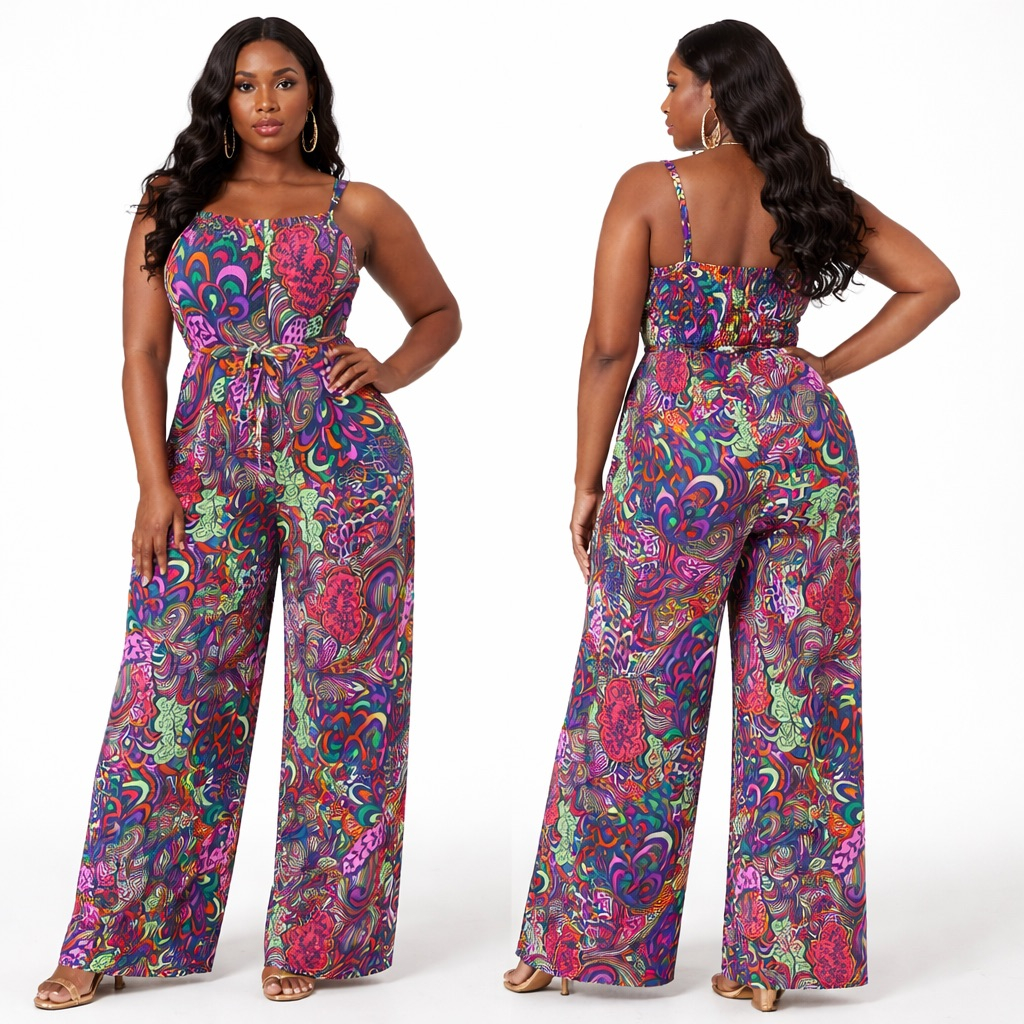 Multicolor Abstract Print Wide Leg Jumpsuit  with Tie Waist
