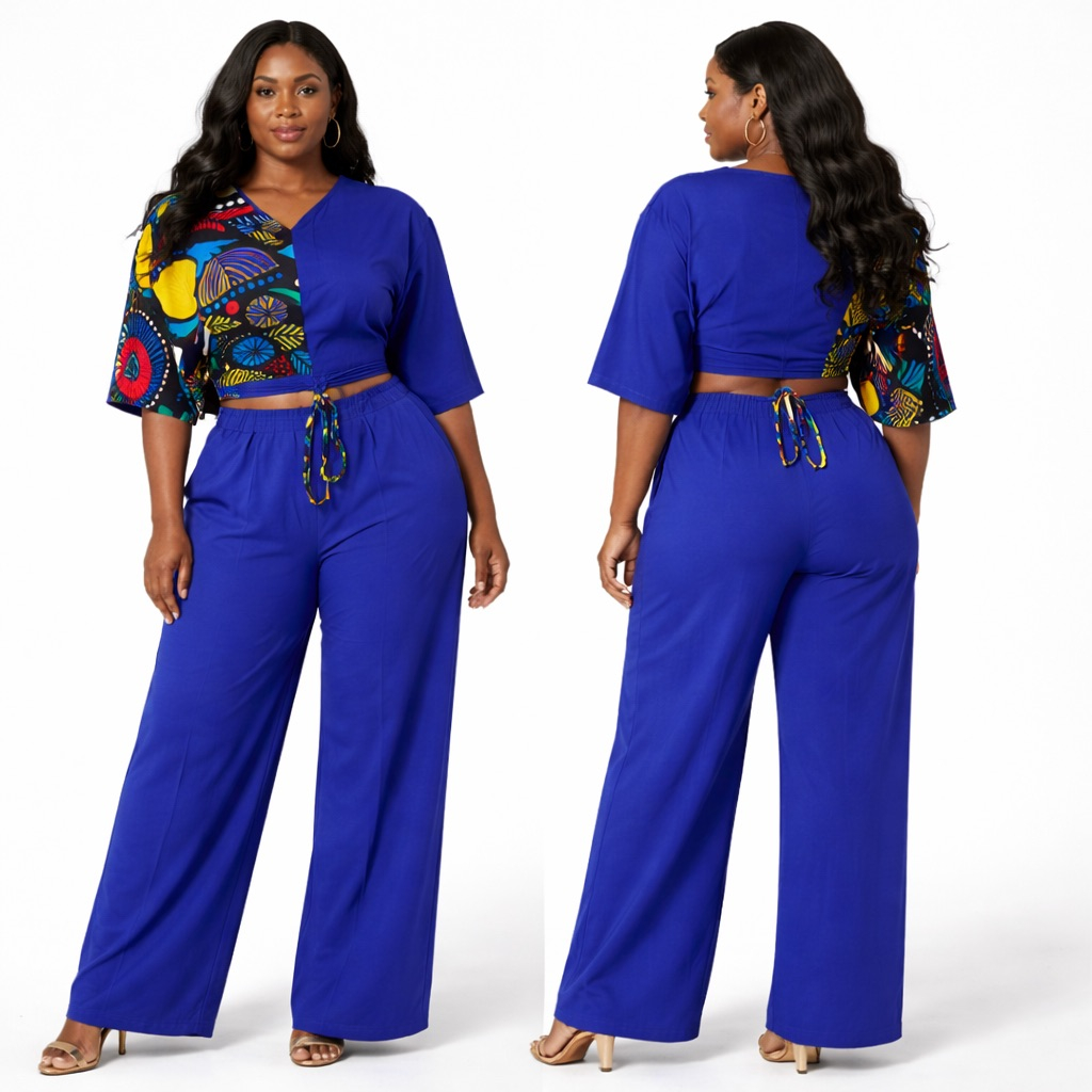 Royal Blue Contrast Print Crop Top   and Wide Leg Pants Set