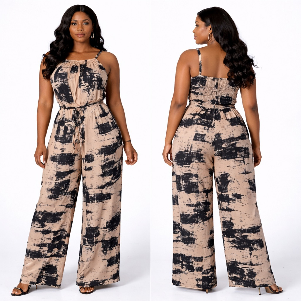 Beige Abstract Print Sleeveless Wide Leg Jumpsuit  with Tie Waist