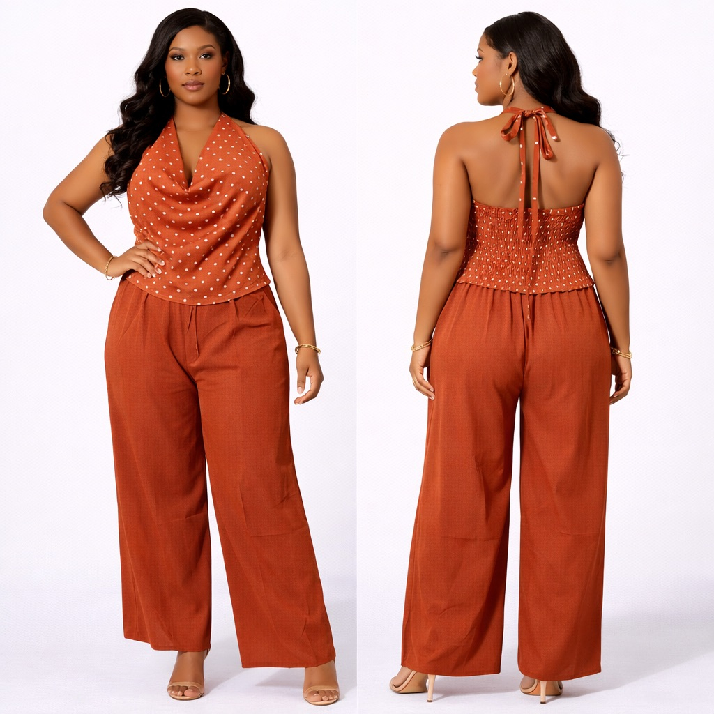 Rust Polka Dot  Halter Neck Wide Leg Jumpsuit